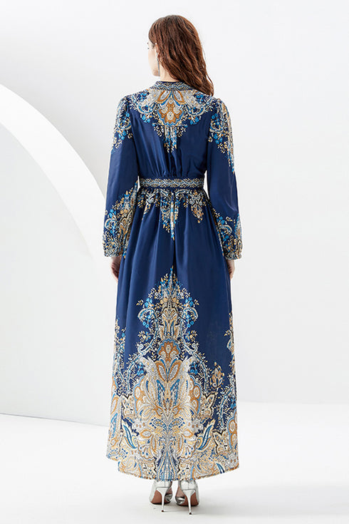 Autumn Vintage Elegant Paisley Print, V-Neck, Lantern Long Sleeve, A-line Maxi, Party, Evening Women Dress - Navy